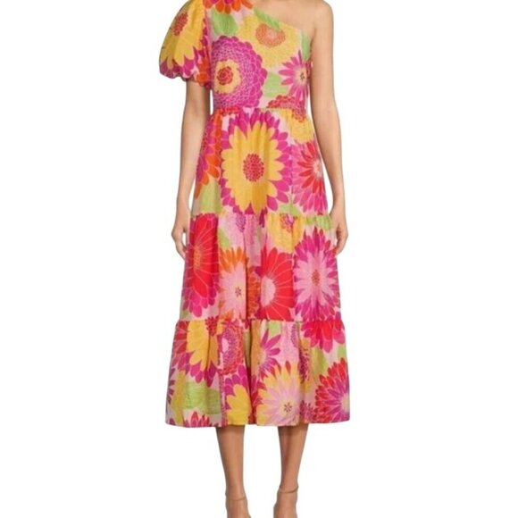 J.Marie Women's  Leilani One Shoulder Puffed Sleeve Tiered Midi Dress Size L - Picture 1 of 11
